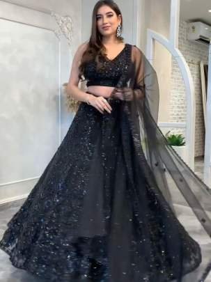 Heavy Sequins Work Black Net Lehenga Choli With Dupatta