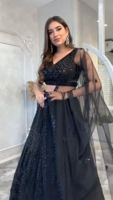 Heavy Sequins Work Black Net Lehenga Choli With Dupatta