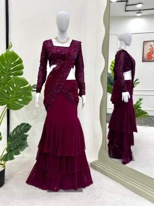 Heavy Sequins Work Wine Colour Lehenga Saree