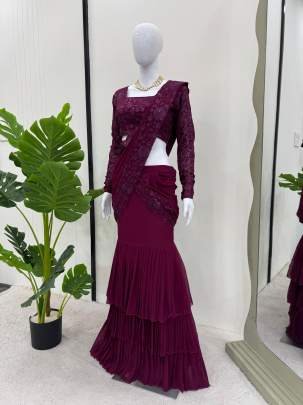 Heavy Sequins Work Wine Colour Lehenga Saree