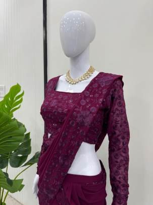 Heavy Sequins Work Wine Colour Lehenga Saree