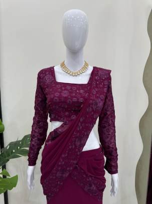 Heavy Sequins Work Wine Colour Lehenga Saree