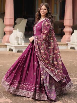 Heavy Sequins Work Wine Gown Dupatta Set