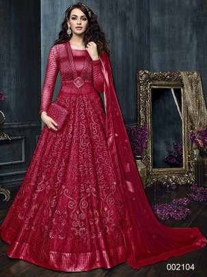 Heavy Stone Work Red Unstitched Gown With Dupatta