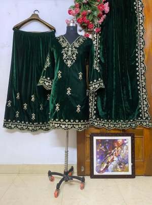 Heavy Velvet Green Kurti Palazzo Dupatta Set