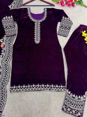 Heavy Viscose Velvet Purple Kurti Bottom and Dupatta