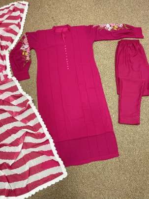 Hot Pink Faux Georgette With Embroidery Work Kurti Pant Dupatta Set