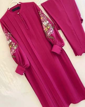 Hot Pink Faux Georgette With Embroidery Work Kurti Pant Dupatta Set