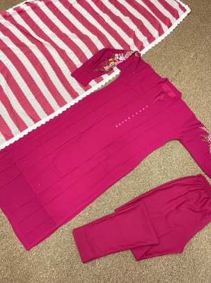 Hot Pink Faux Georgette With Embroidery Work Kurti Pant Dupatta Set
