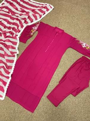 Hot Pink Faux Georgette With Embroidery Work Kurti Pant Dupatta Set