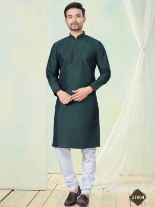 Indian Festival Wear Bottle Green Pure Silk Men Kurta With Cotton Pajama