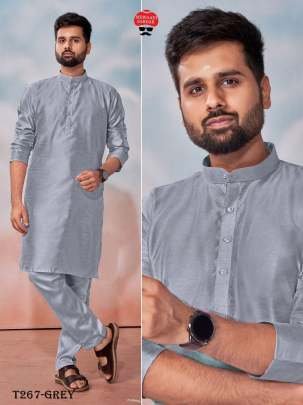 Indian Wear Grey Banglori Silk Kurta Polo Pant Set For Mens