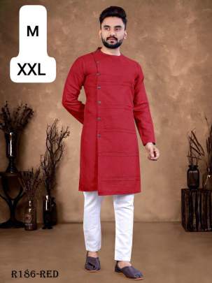 Indian Wear Red Ruby Cotton Men Kurta With Pajama