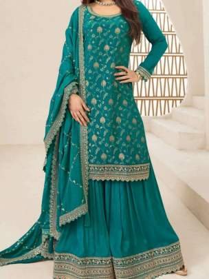 Jacquard Silk With Multi Work Teal Green Semi  Stitched Palazzo Set