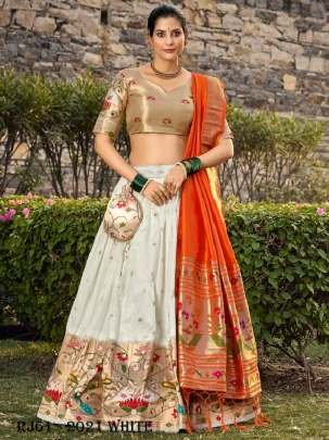 Jacquard Silk Zari Weaving White Paithani Lehenga Choli For Wedding