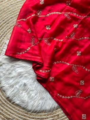 Jimmy-Choo Tomato Red Saree with Hand Work Lace