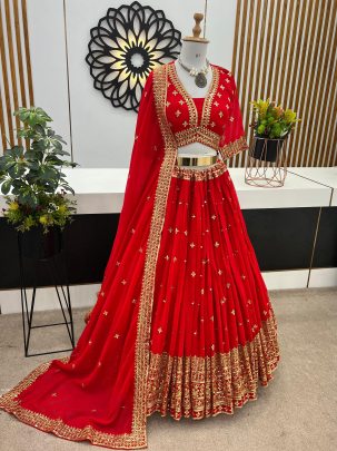 Karwa Chuath Special Red Georgette Sequence Lehenga Choli