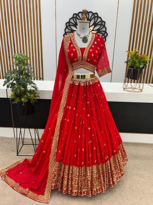 Karwa Chuath Special Red Georgette Sequence Lehenga Choli