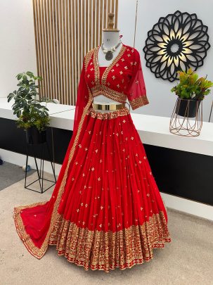 Karwa Chuath Special Red Georgette Sequence Lehenga Choli