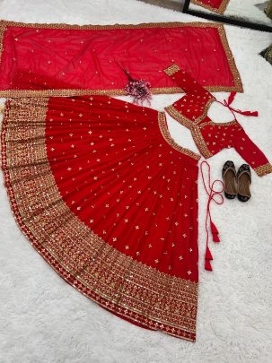 Karwa Chuath Special Red Georgette Sequence Lehenga Choli