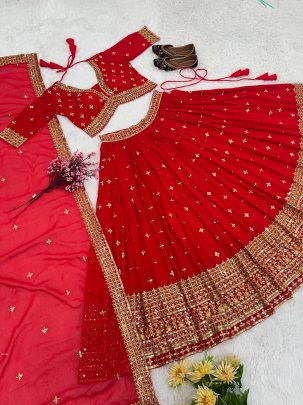 Karwa Chuath Special Red Georgette Sequence Lehenga Choli