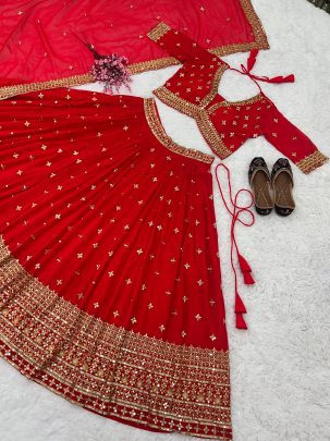 Karwa Chuath Special Red Georgette Sequence Lehenga Choli