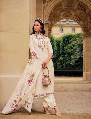 Khawaish Handwork Off White Viscose Silk Kurtis With Afghani Style Bottom