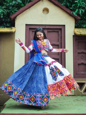 Kutchi Mirror Work Blue Leriya Stitched Lehenga Choli For Garba