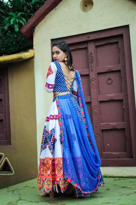 Kutchi Mirror Work Blue Leriya Stitched Lehenga Choli For Garba