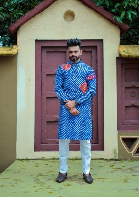 Kutchi Mirror Work Blue Leriya Stitched Mens Kurta For Garba