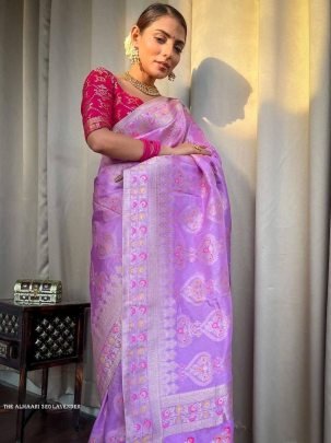 Ladies Lavender Wedding Banarasi Soft Silk Saree