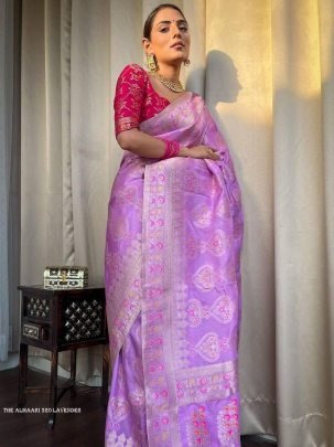 Ladies Lavender Wedding Banarasi Soft Silk Saree