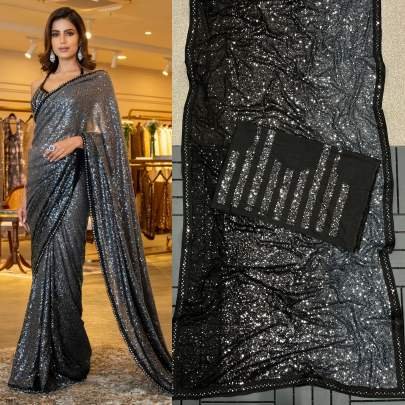 Latest Bollywood Black With Grey Georgette Saree