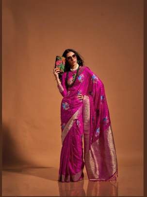 Latest Branded Rani Flower Work Satin Silk Saree