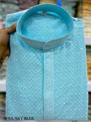 Latest Chikan Work Rayon Sky Blue Kurta With Pyjama