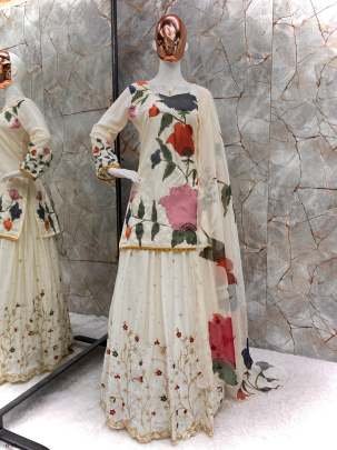 Party Wear Chinon Cream Gharara Suit With Embroidery Work