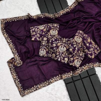 Latest Design Wine Vichitra Silk Saree With Embroidery Saree