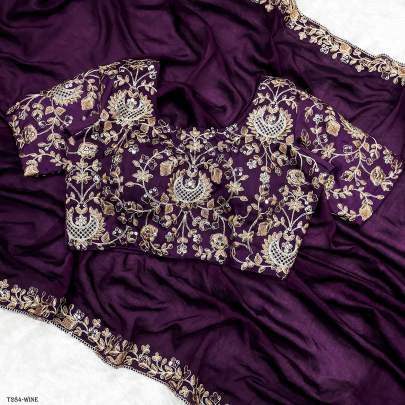 Latest Design Wine Vichitra Silk Saree With Embroidery Saree