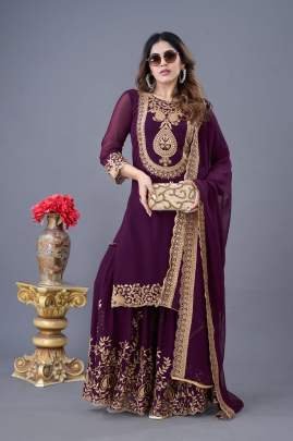 Latest Designer Wine Heavy Embroidery Work Georgette Suits For Ladies