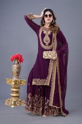 Latest Designer Wine Heavy Embroidery Work Georgette Suits For Ladies