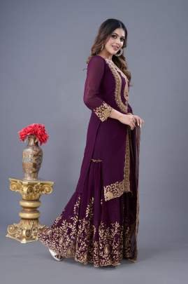 Latest Designer Wine Heavy Embroidery Work Georgette Suits For Ladies