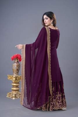 Latest Designer Wine Heavy Embroidery Work Georgette Suits For Ladies
