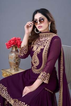 Latest Designer Wine Heavy Embroidery Work Georgette Suits For Ladies