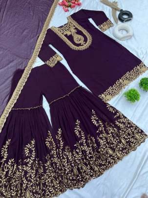 Latest Designer Wine Heavy Embroidery Work Georgette Suits For Ladies