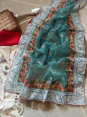 Latest Embroidery Work Organza Silk Rama Saree