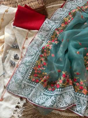 Latest Embroidery Work Organza Silk Rama Saree