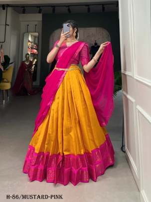 Latest Kanchipuram Silk Mustard Lehenga Choli With Pink Dupatta