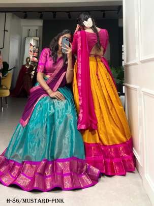 Latest Kanchipuram Silk Mustard Lehenga Choli With Pink Dupatta