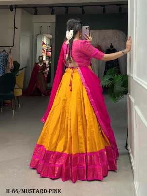 Latest Kanchipuram Silk Mustard Lehenga Choli With Pink Dupatta