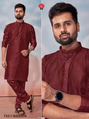 Latest Maroon Banglori Silk Mens Kurta Polo Pant Set 